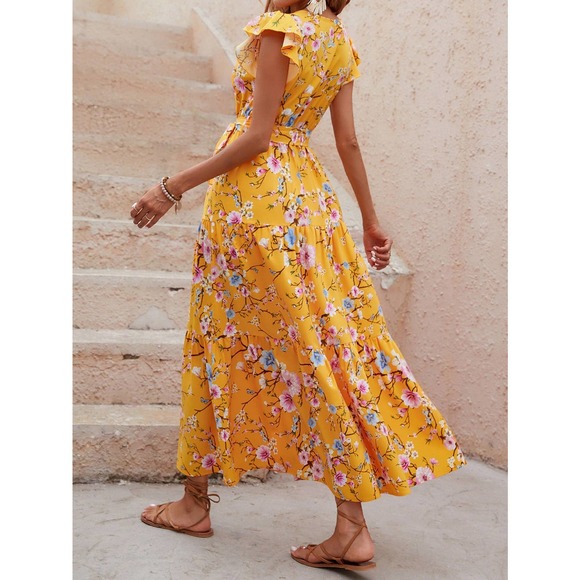 Floral Print Butterfly Sleeve Ruffle Hem Belted maxi Dress white pink - Picture 9 of 12